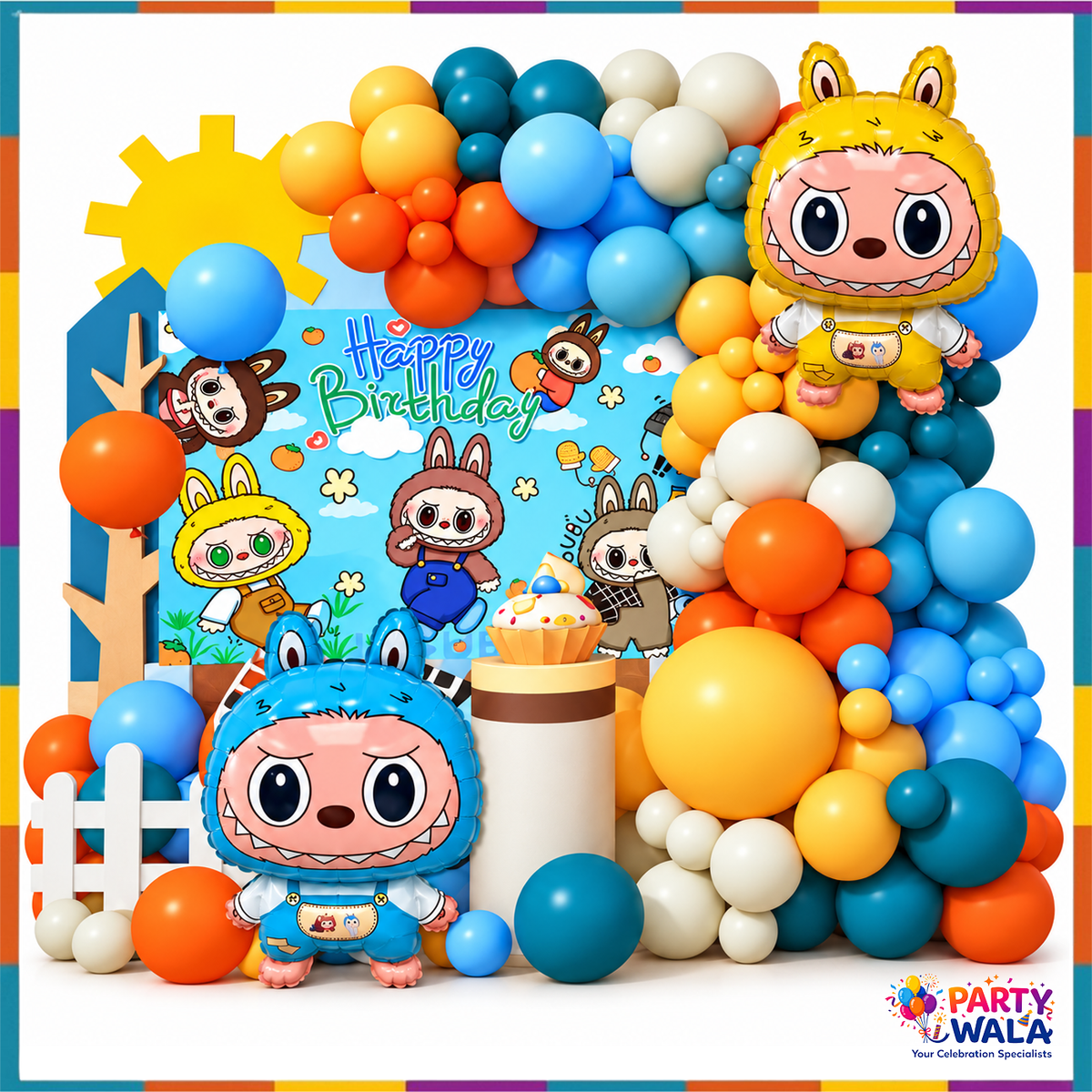 DiMi SR-602 bunny birthday backdrop with blue yellow orange balloon garland