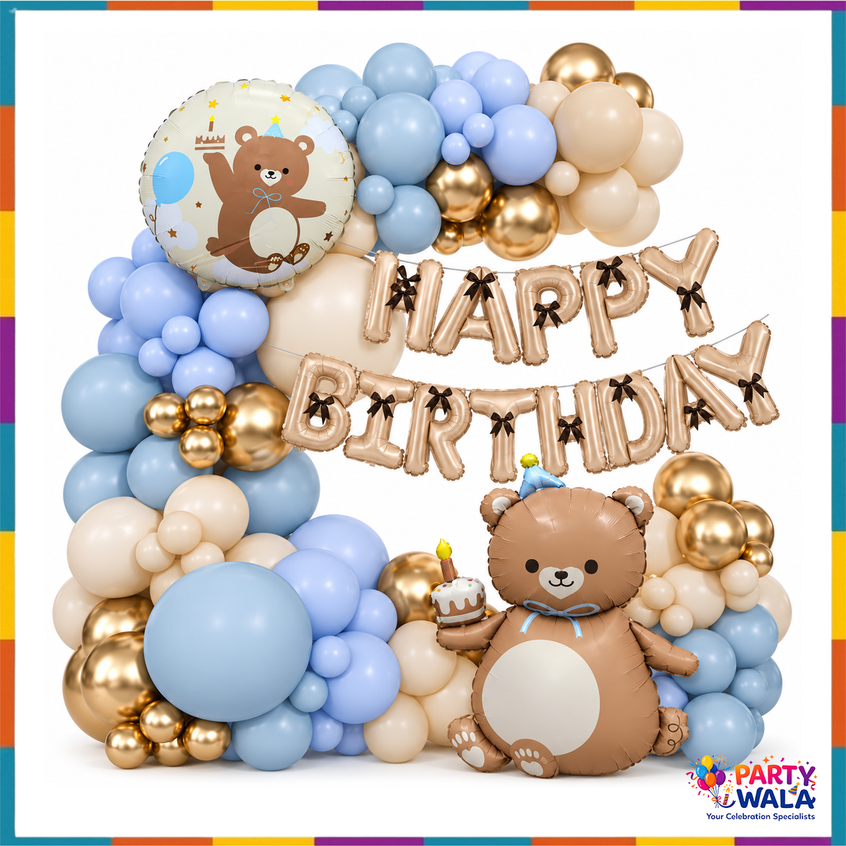 Teddy bear birthday decoration with blue cream gold balloon garland and Happy Birthday foil letters