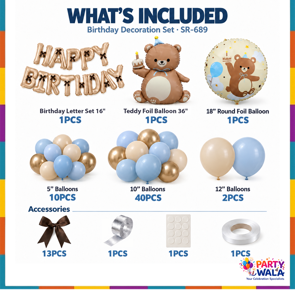 Teddy bear birthday kit contents: foil letters, teddy balloons, 52 latex balloons, bows and accessories