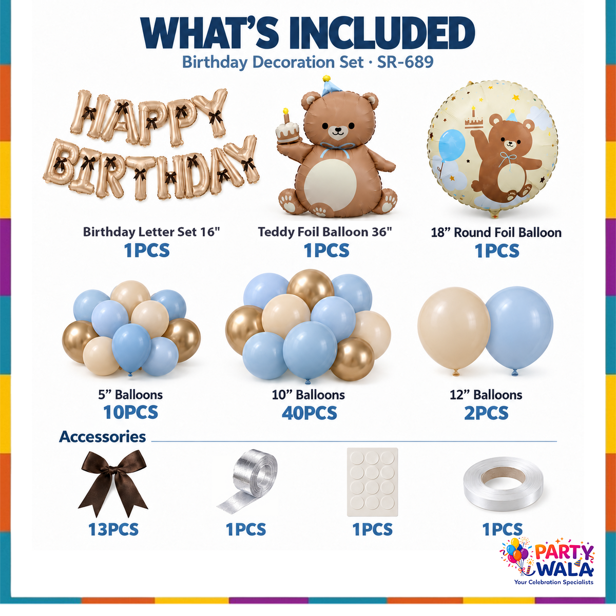 Teddy bear birthday kit contents: foil letters, teddy balloons, 52 latex balloons, bows and accessories