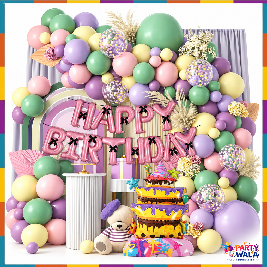 Pastel birthday balloon garland with mint green yellow pink lavender balloons and pink foil Happy Birthday party letters