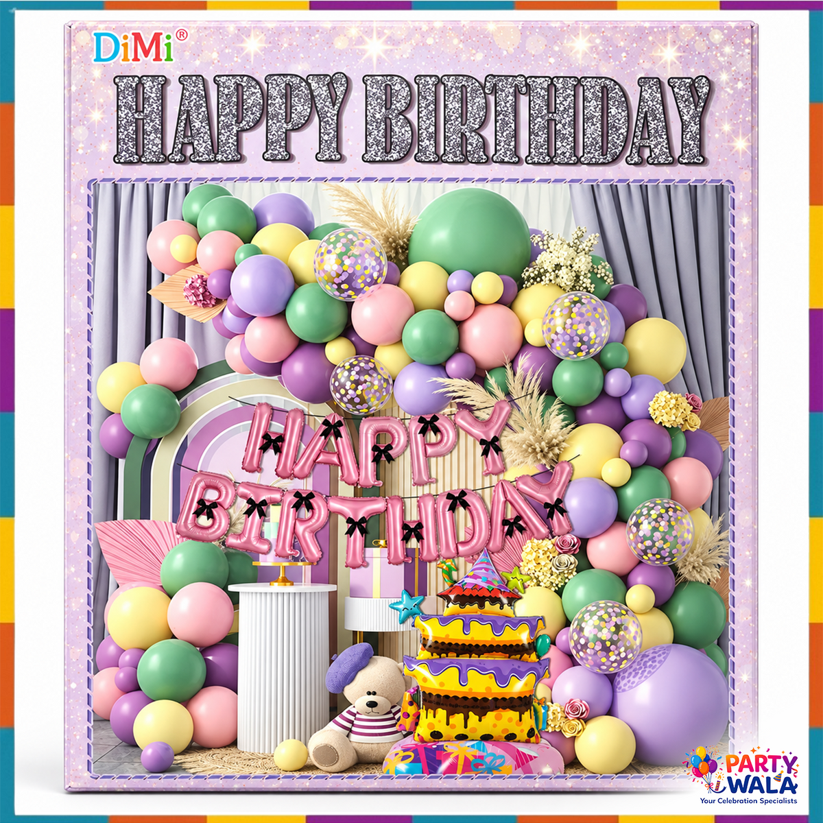 75 pieces pastel rainbow happy birthday balloon decoration kit with pink foil letters, rainbow confetti balloons and tiered cake foil balloon