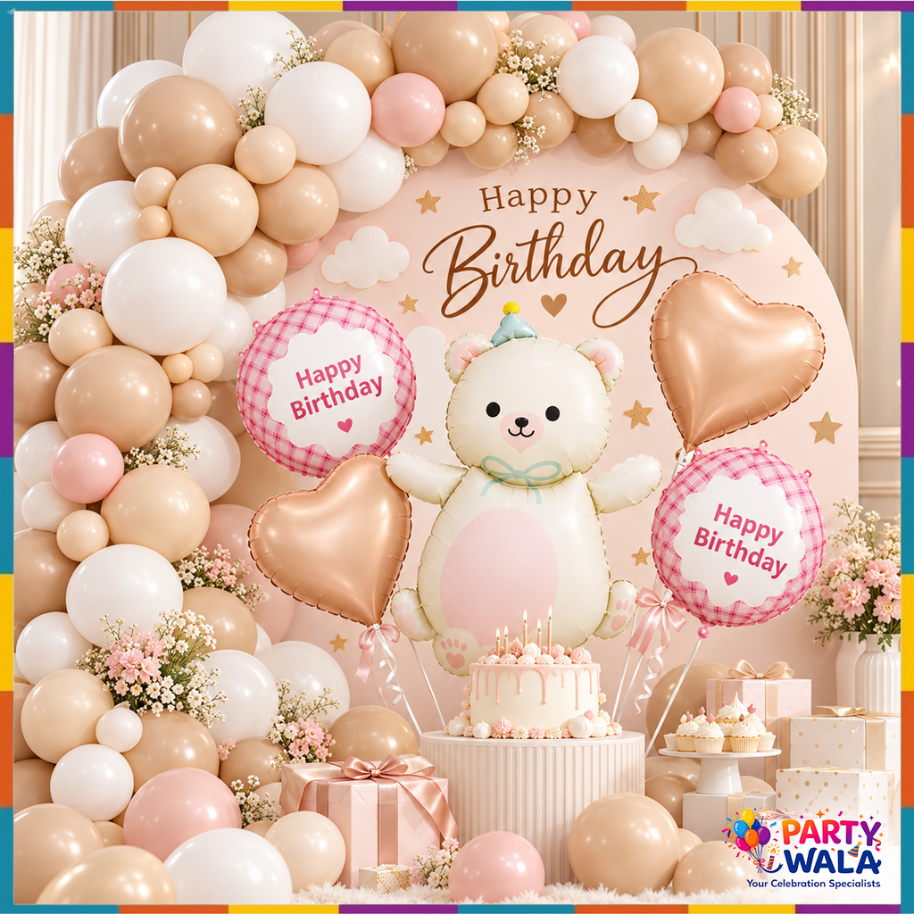 Pastel teddy bear birthday balloon decoration kit with rose gold heart balloons and nude white balloon garland styling