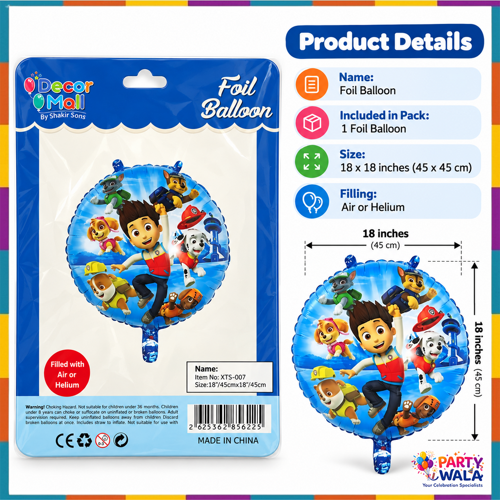 PAW Patrol balloon product details with dimensions 18 x 18 inches (45 x 45 cm), one round foil balloon