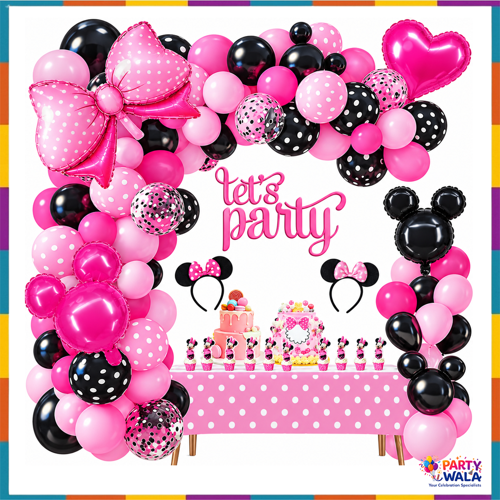 Pink and black bow balloon garland with heart and mouse head foil balloons