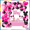 Pink and black bow balloon garland with heart and mouse head foil balloons