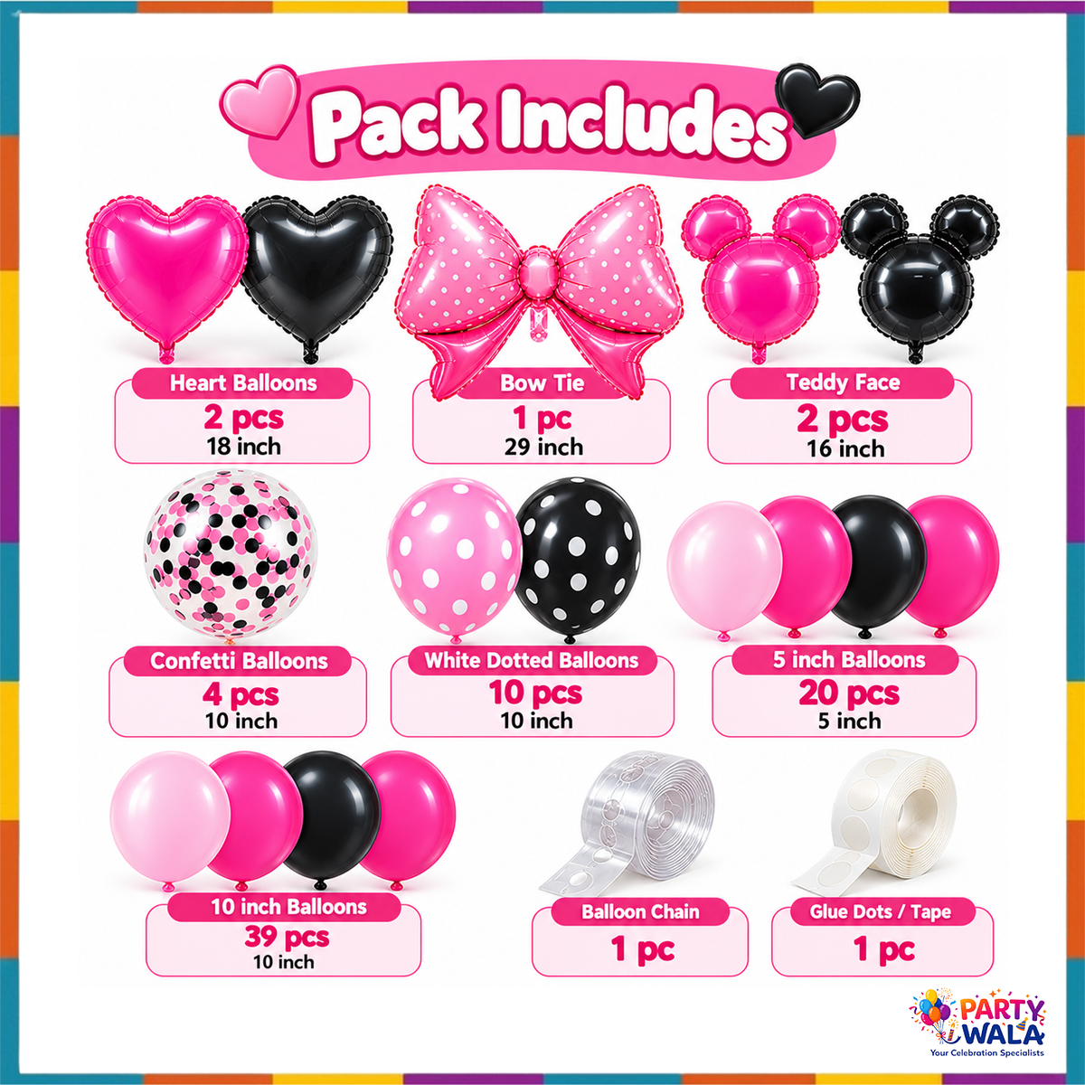 Contents of 80 piece pink and black bow balloon kit with quantities and sizes