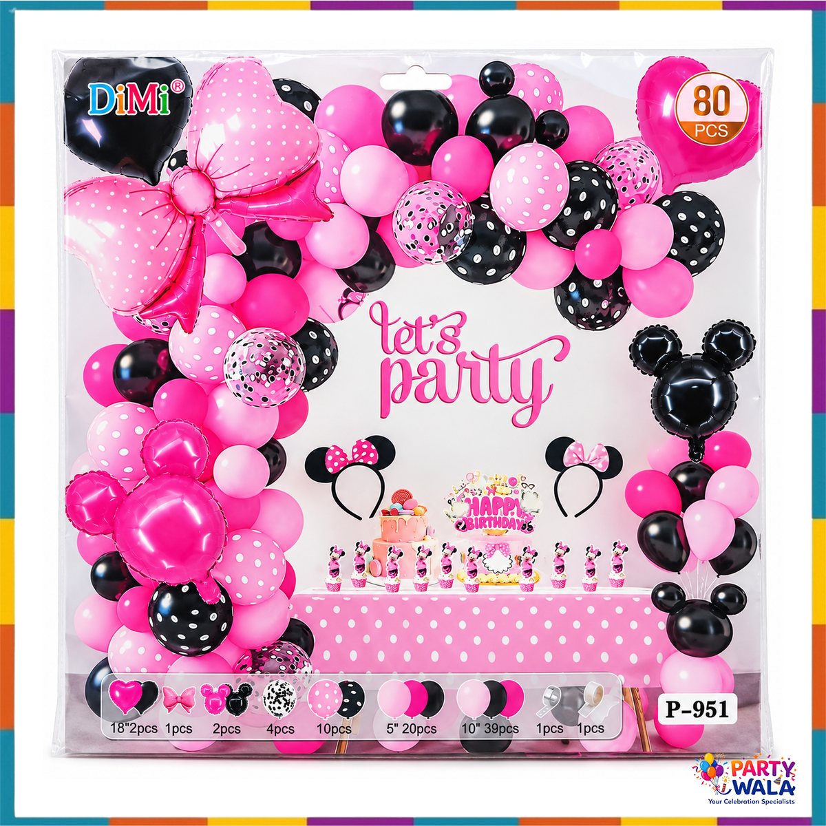 Packaged 80 piece pink and black bow balloon decoration kit