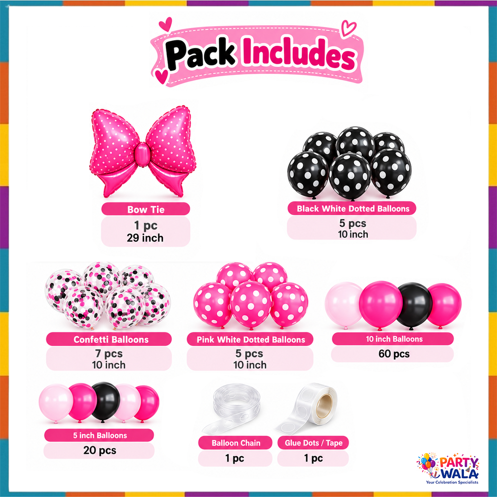 100 piece bow kit contents with balloon sizes, quantities, arch strip and glue tape