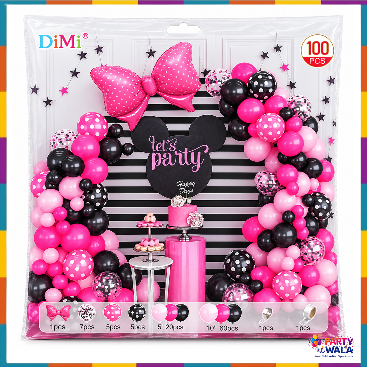 Packaged 100 piece pink and black polka dot bow balloon kit