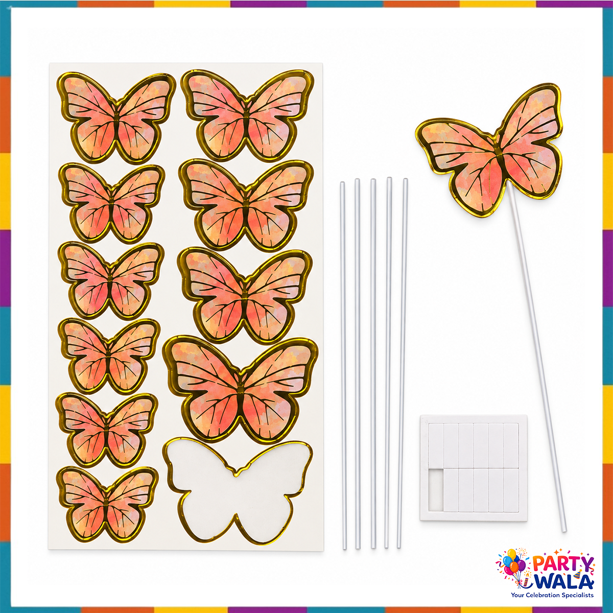 Pink butterfly sheet with white sticks and adhesive squares for cake decoration
