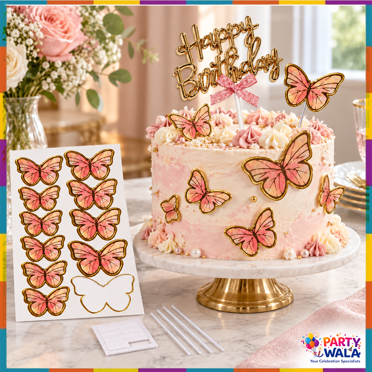 Gold Happy Birthday topper and pink butterflies decorating a birthday cake