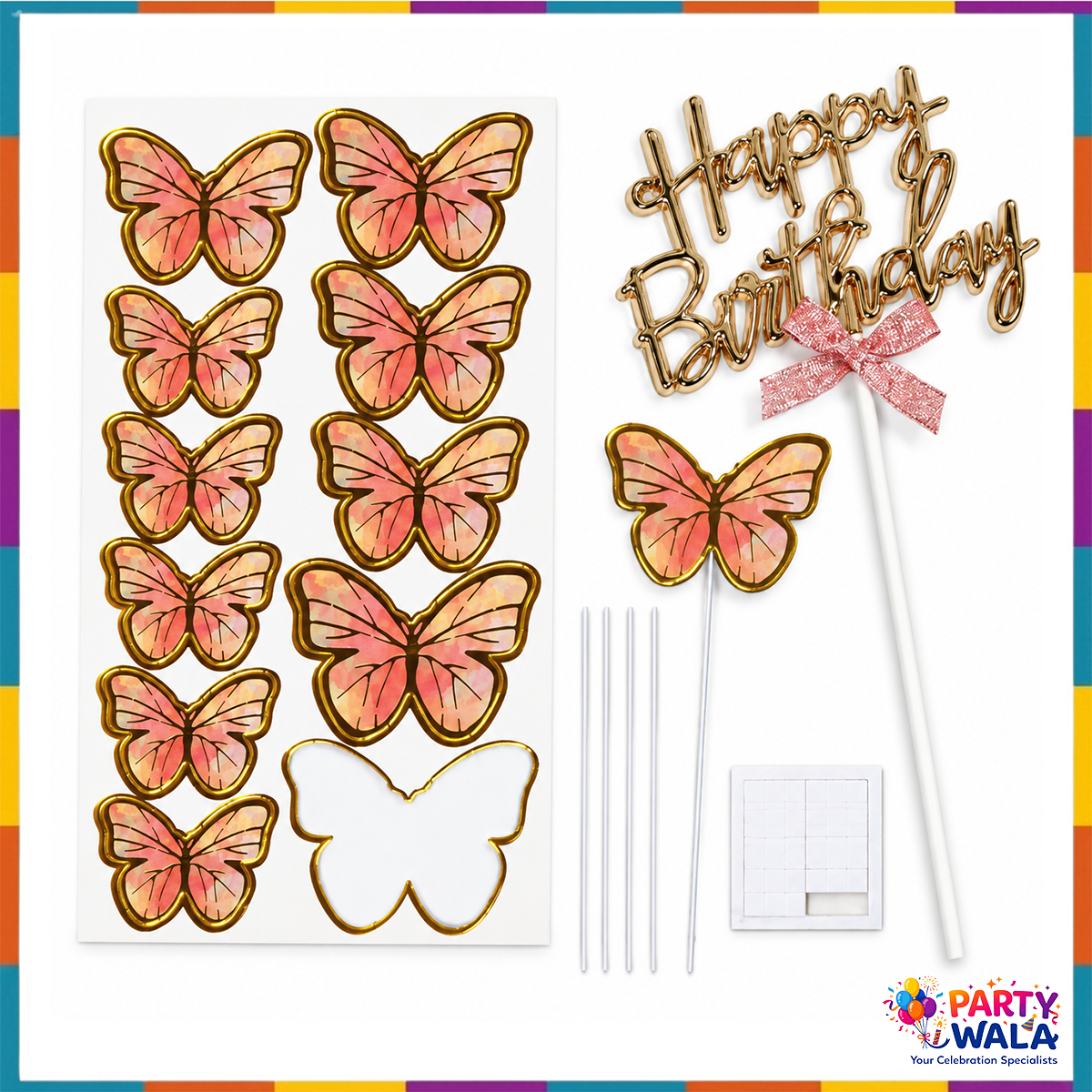 Gold Happy Birthday topper with pink bow and separate pink butterfly decorations