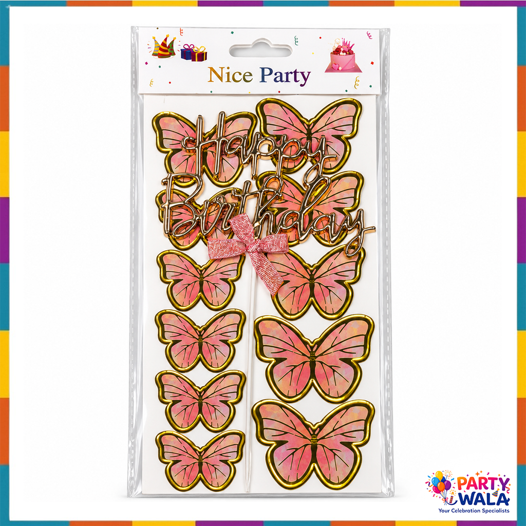 Nice Party butterfly Happy Birthday cake topper set in its package