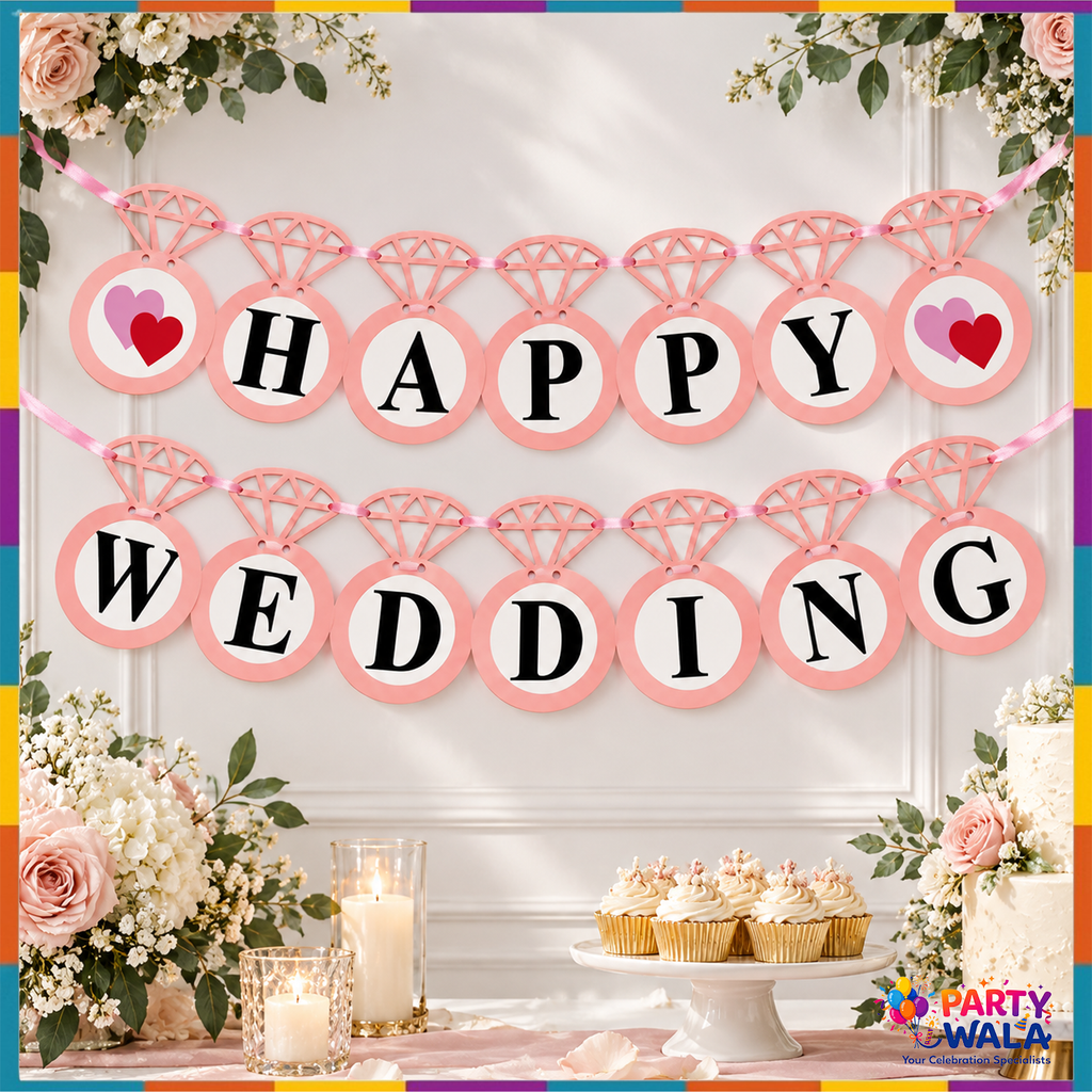 Pink Happy Wedding banner hanging in two rows at a wedding dessert table