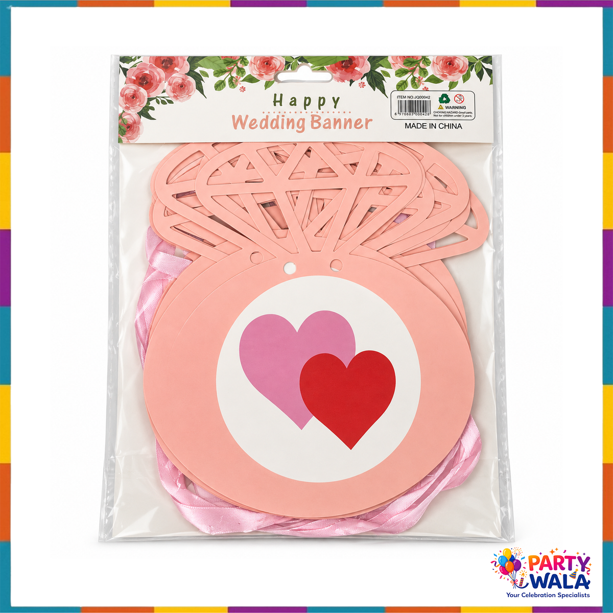 Packaged pink Happy Wedding banner with diamond-ring pieces and pink ribbon
