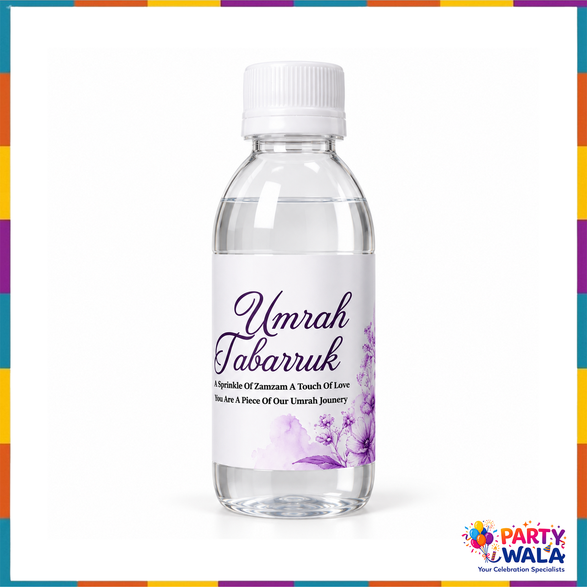 Zamzam bottle with violet watercolour floral label