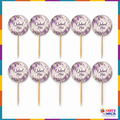 Ten lilac floral Qubool Hai round mithai toppers on wooden sticks