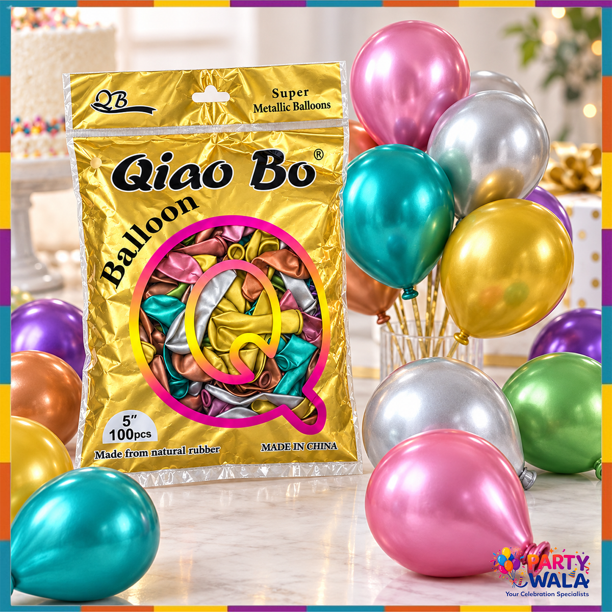 Qiao Bo metallic balloon pack beside inflated assorted-colour balloons
