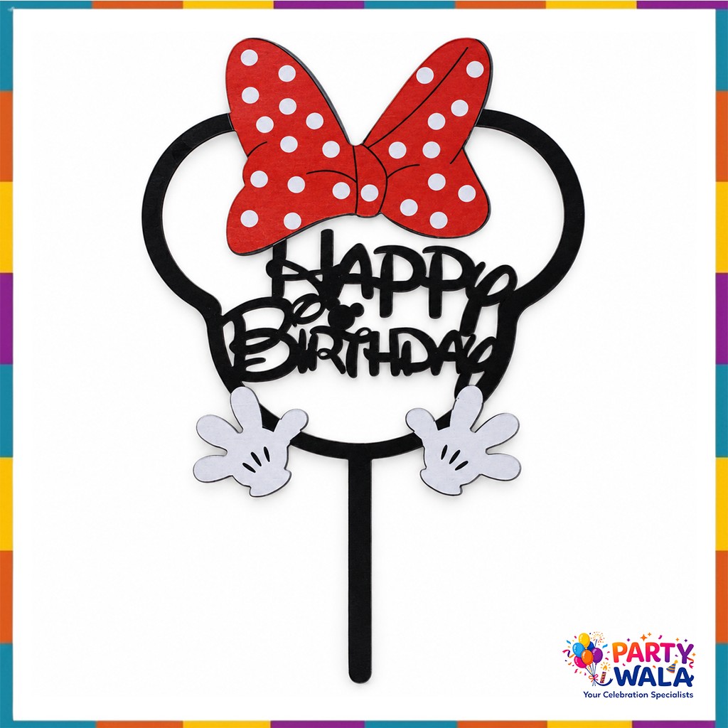 Black Happy Birthday cake topper with a red polka-dot bow and white glove accents