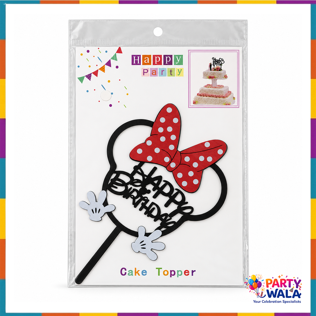 Red polka-dot bow Happy Birthday cake topper shown in its package