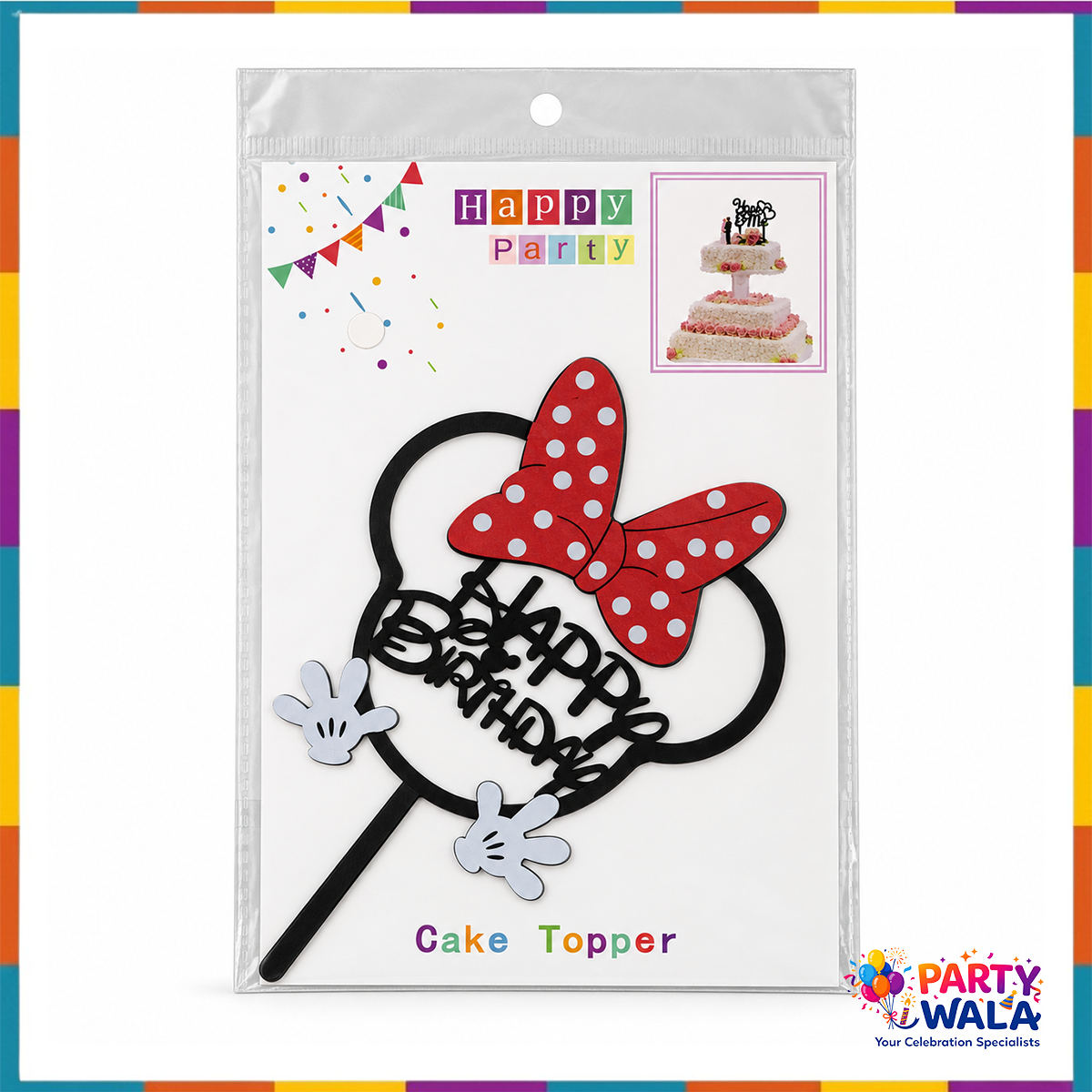 Red polka-dot bow Happy Birthday cake topper shown in its package