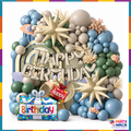 Sage green dusty blue and cream birthday balloon garland inspiration with Happy Birthday foil letters and gift foil balloon