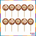 Ten red and gold Shaadi Mubarak mithai toppers with English and Urdu wedding designs on wooden sticks