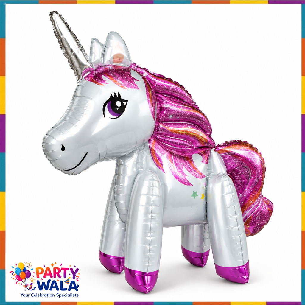 Shimmering Silver Unicorn Foil Balloon with pink mane and tail