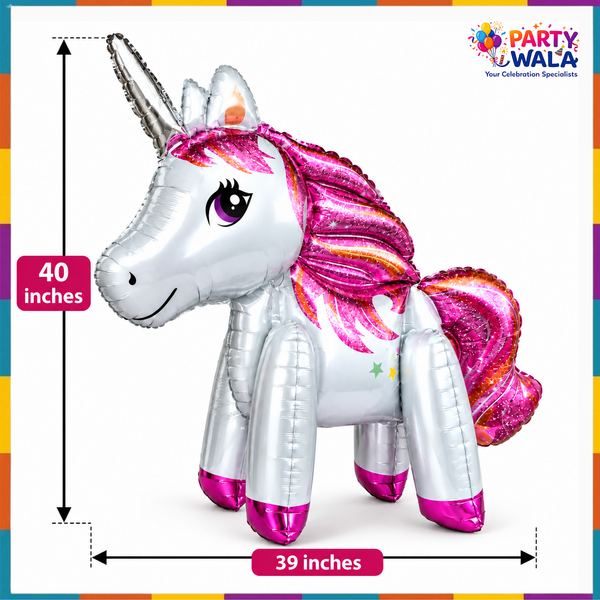 Shimmering Silver Unicorn Foil Balloon size 40 inches high and 39 inches wide