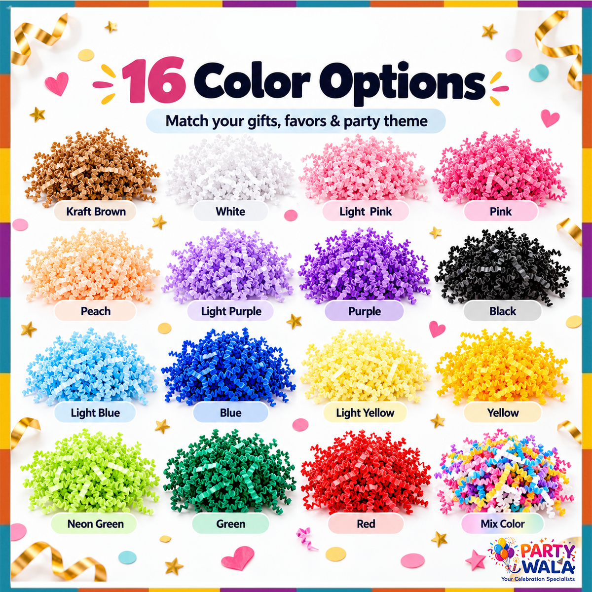 16 colors of shredded paper filler labeled chart
