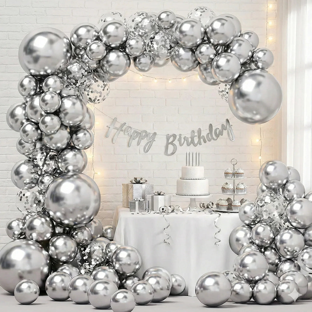 Stunning Silver Metallic Birthday Decor Bundle (100 Pcs) - Party Wala