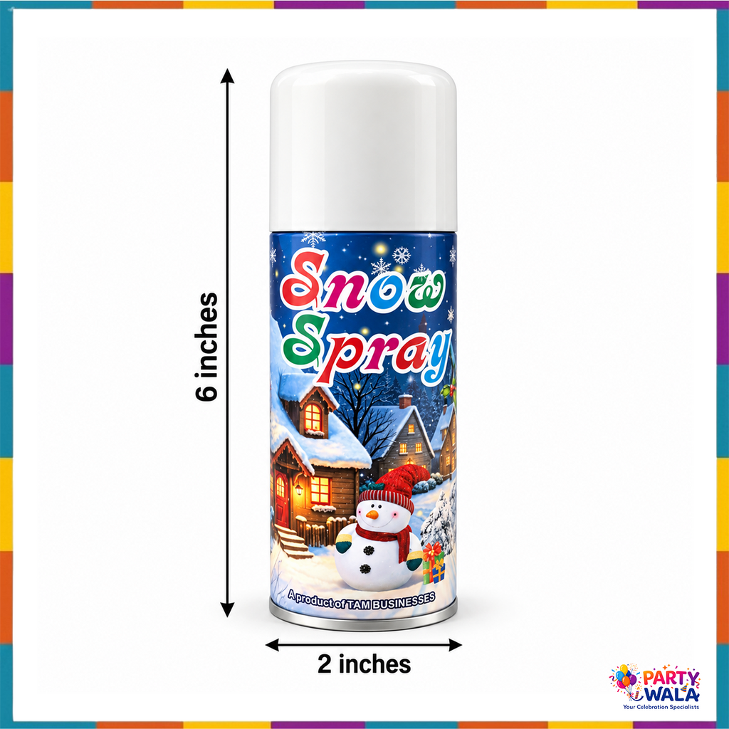 Snow Spray can size illustration 6 inches tall and 2 inches wide snowman village packaging