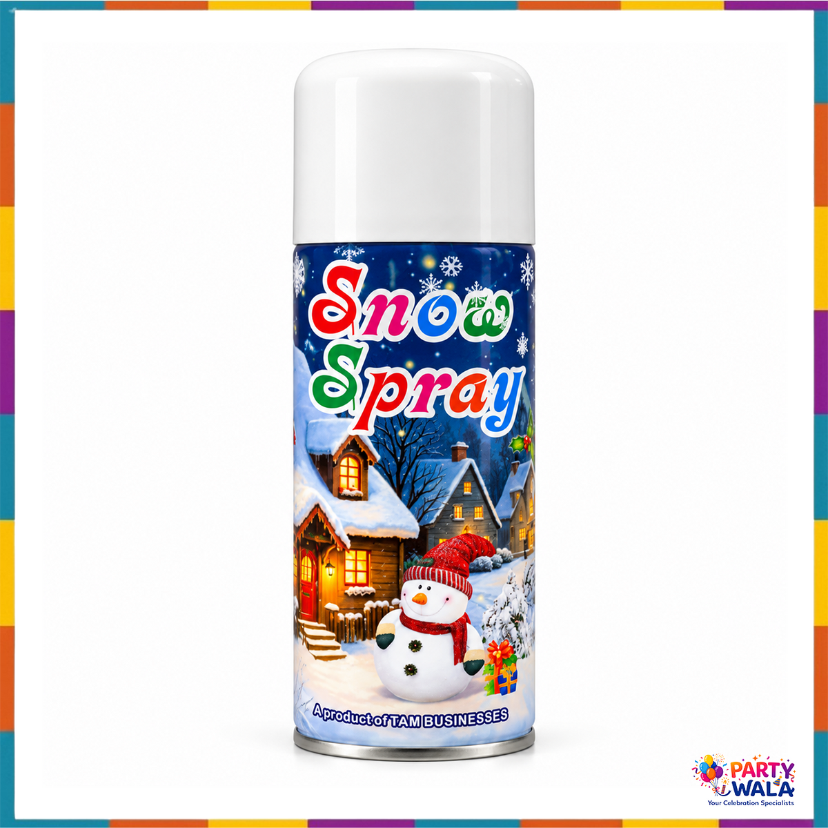 Snow Spray party decoration can white cap winter snowman village label TAM Businesses front photo