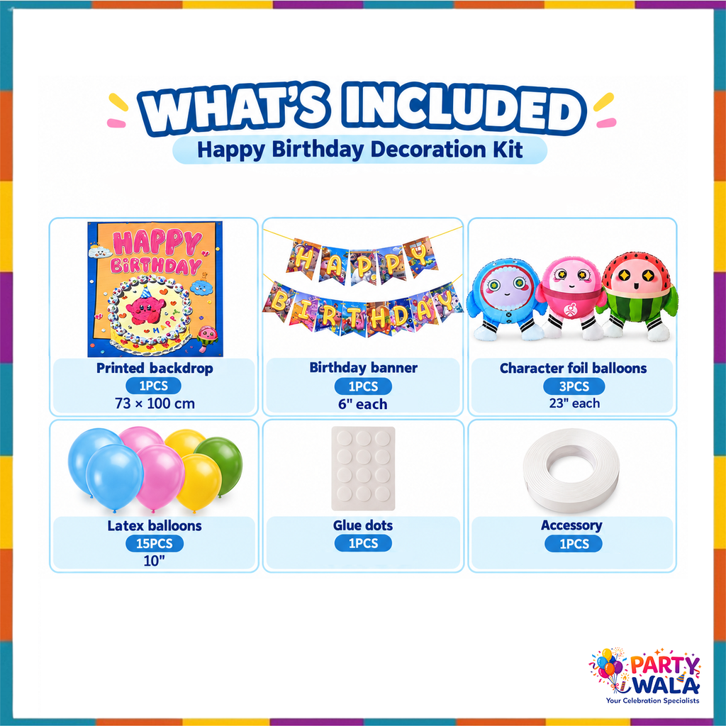 SR-225 birthday kit contents: 73 x 100 cm backdrop, banner, three 23-inch character foils, fifteen 10-inch latex balloons and setup supplies