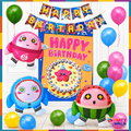 Colorful DiMi SR-225 cartoon birthday decoration setup with banner, printed backdrop and three character foil balloons