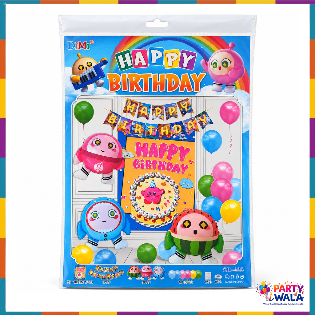 DiMi SR-225 Happy Birthday decoration kit retail pack showing the colorful cartoon character design