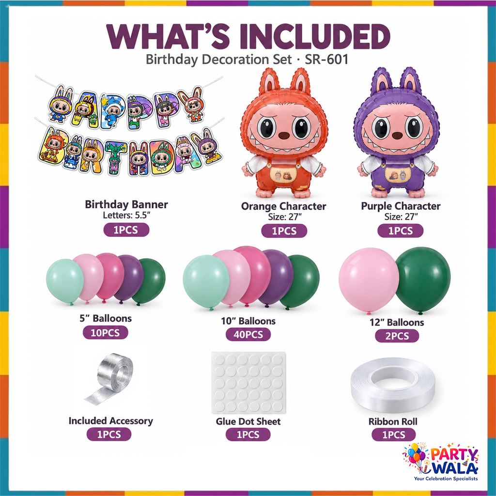 SR-601 kit contents with character banner, two 27-inch foil balloons, 52 latex balloons and three setup items
