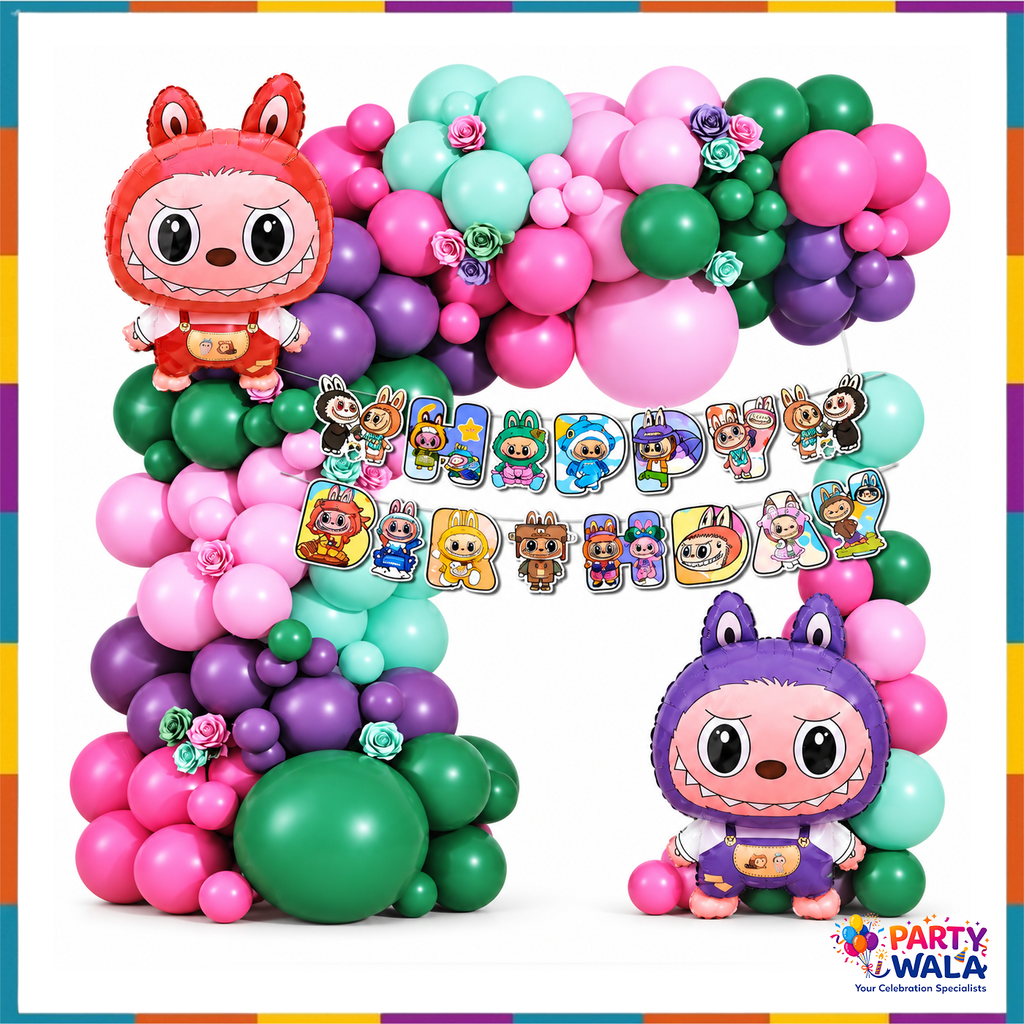 DiMi SR-601 bunny character birthday garland display with pink, mint, green and purple balloons and two character foils