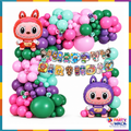 DiMi SR-601 bunny character birthday garland display with pink, mint, green and purple balloons and two character foils