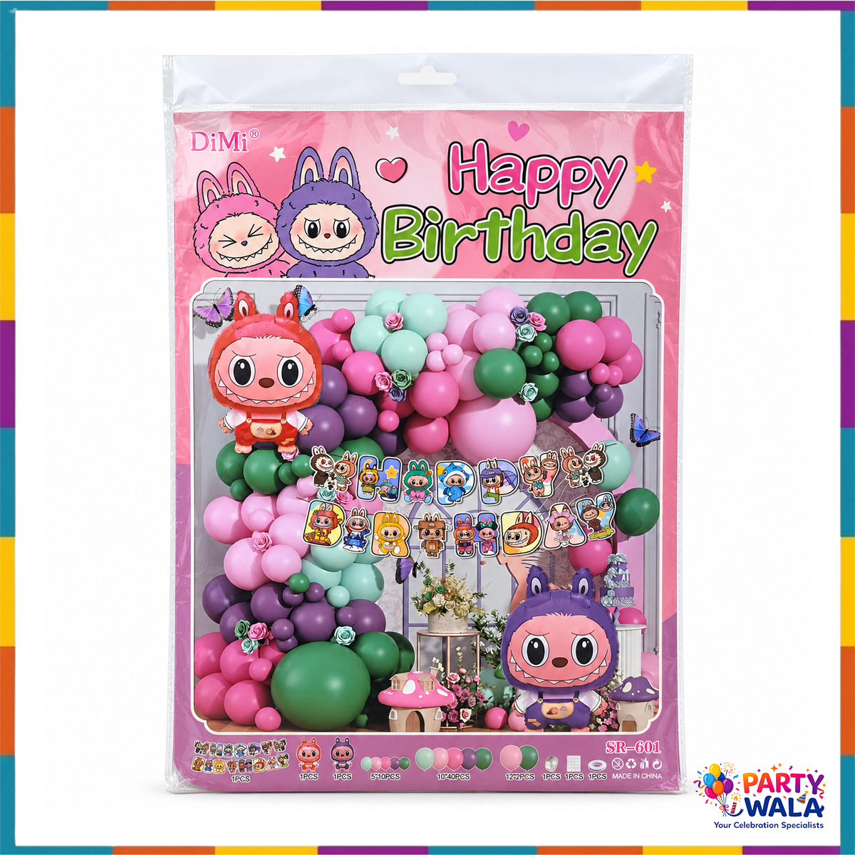 DiMi SR-601 Happy Birthday bunny character balloon garland kit in its retail package