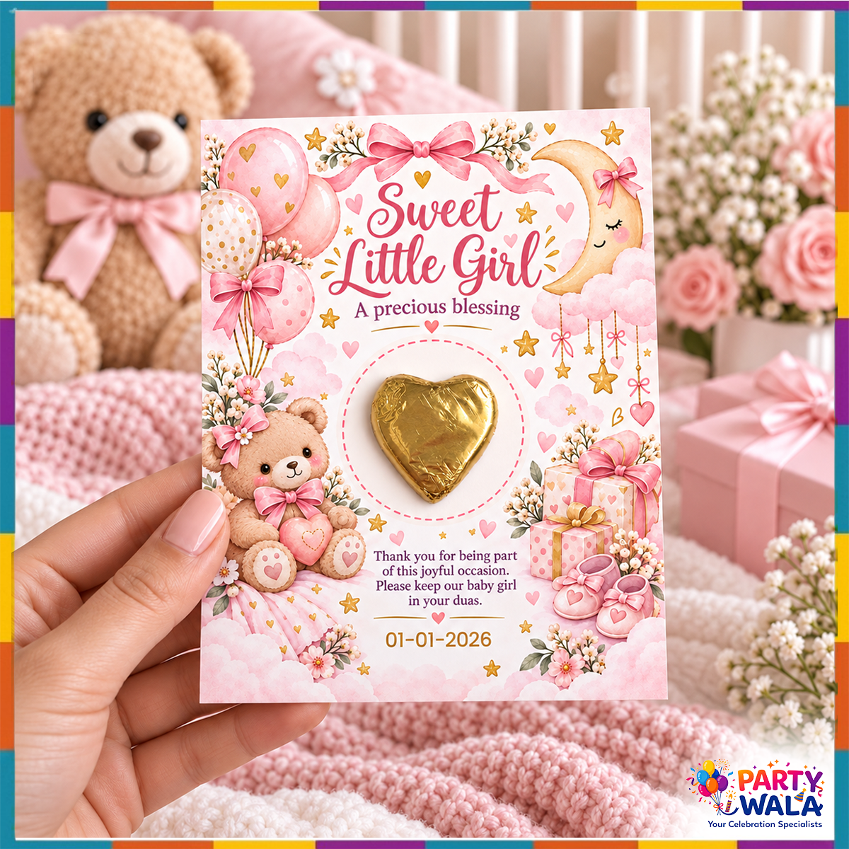 Sweet Little Girl baby girl chocolate favor card 4 x 5 inches lifestyle view