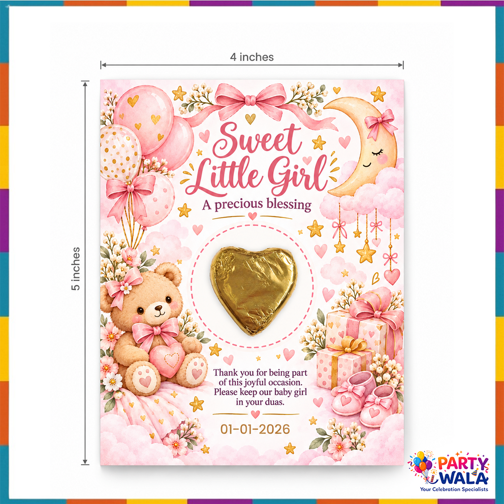 Sweet Little Girl baby girl chocolate favor card 4 x 5 inches with custom date printing