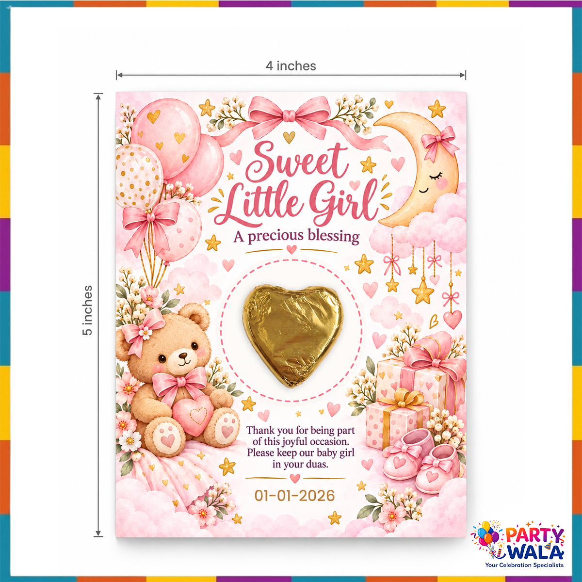 Sweet Little Girl baby girl chocolate favor card 4 x 5 inches with custom date printing