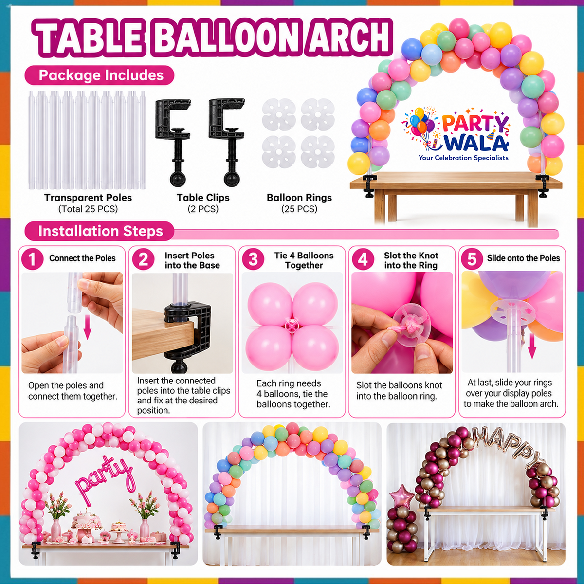 Table Balloon Arch Kit package contents and installation steps