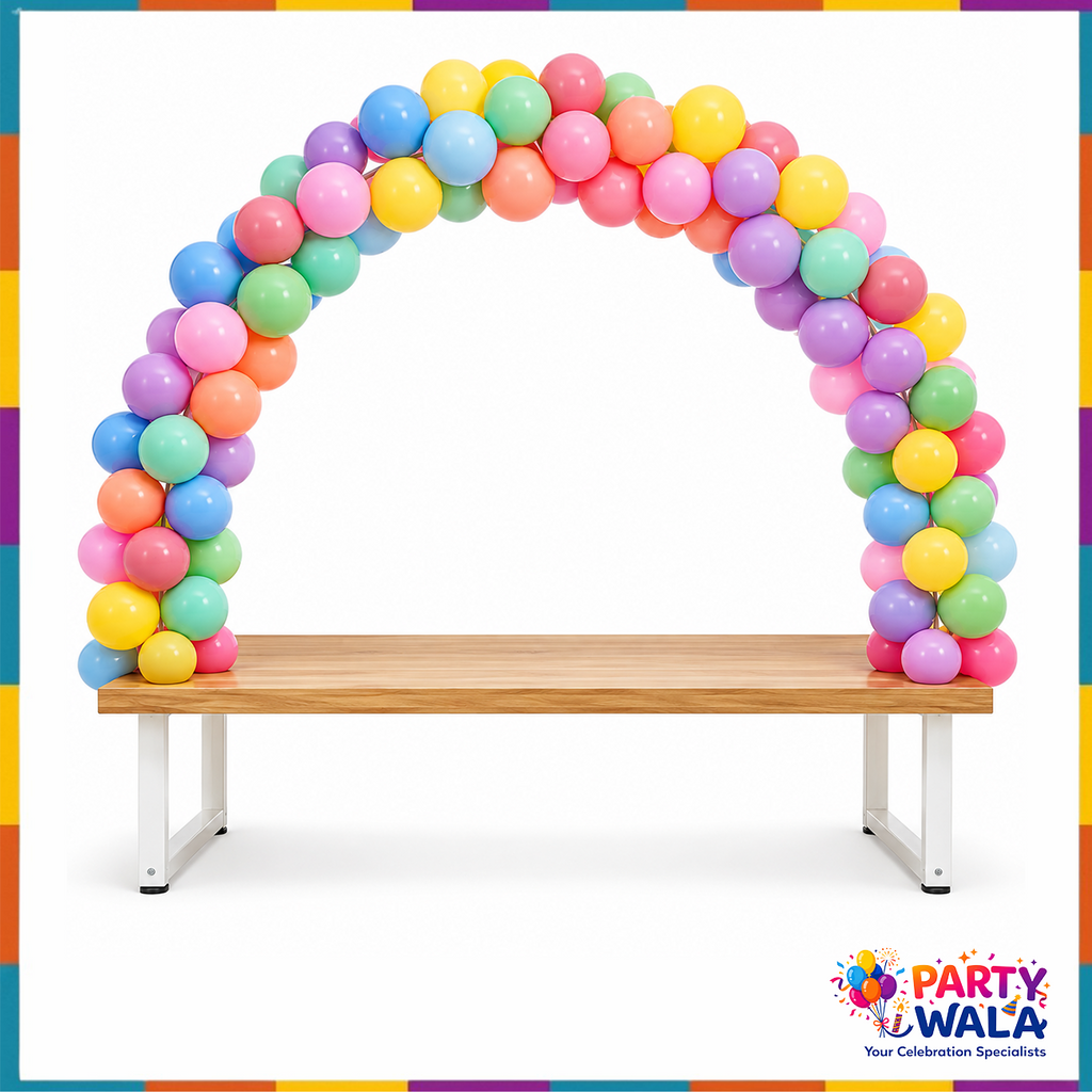 Table Balloon Arch Kit setup example with colourful balloons over a table