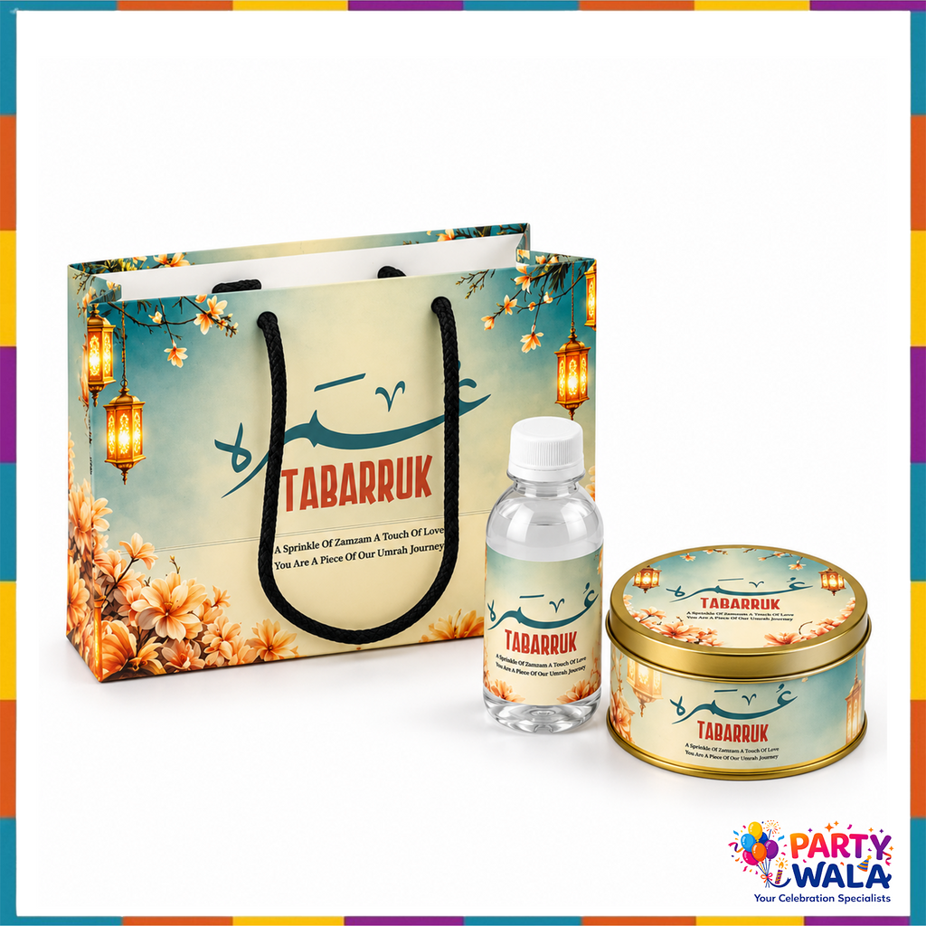 Teal and gold floral lantern Umrah Tabarruk set with matching bag, bottle and 250g tin