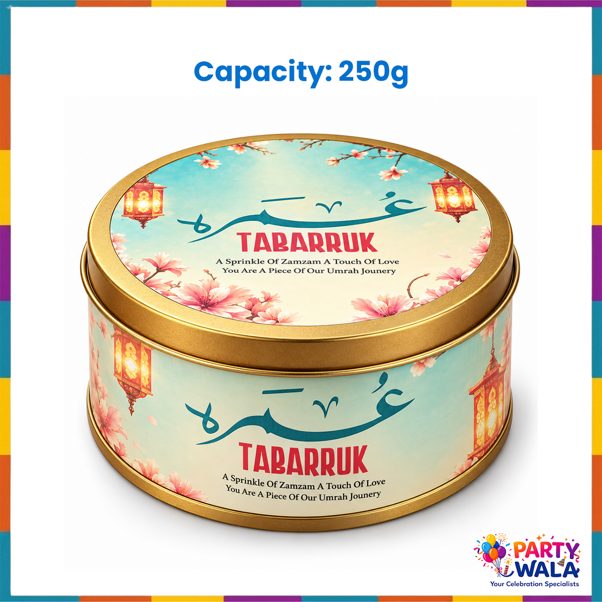 250g gold lid Umrah Tabarruk tin with teal Arabic calligraphy and floral lantern design