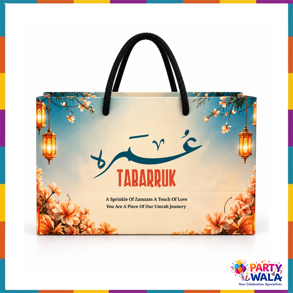 Teal gift bag with golden lanterns, peach blossoms and calligraphy