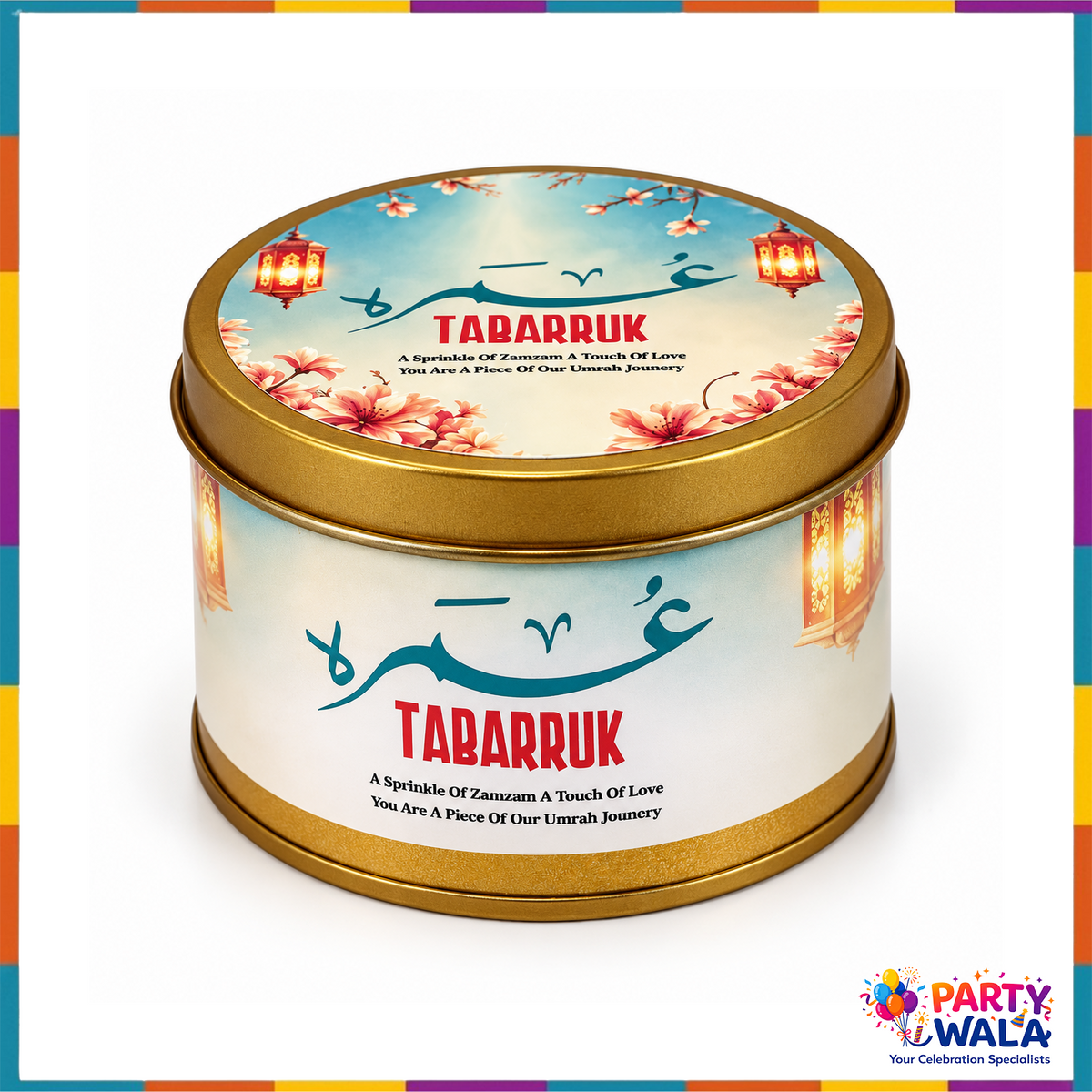 Round 125g tabarruk tin with gold lid and teal floral print
